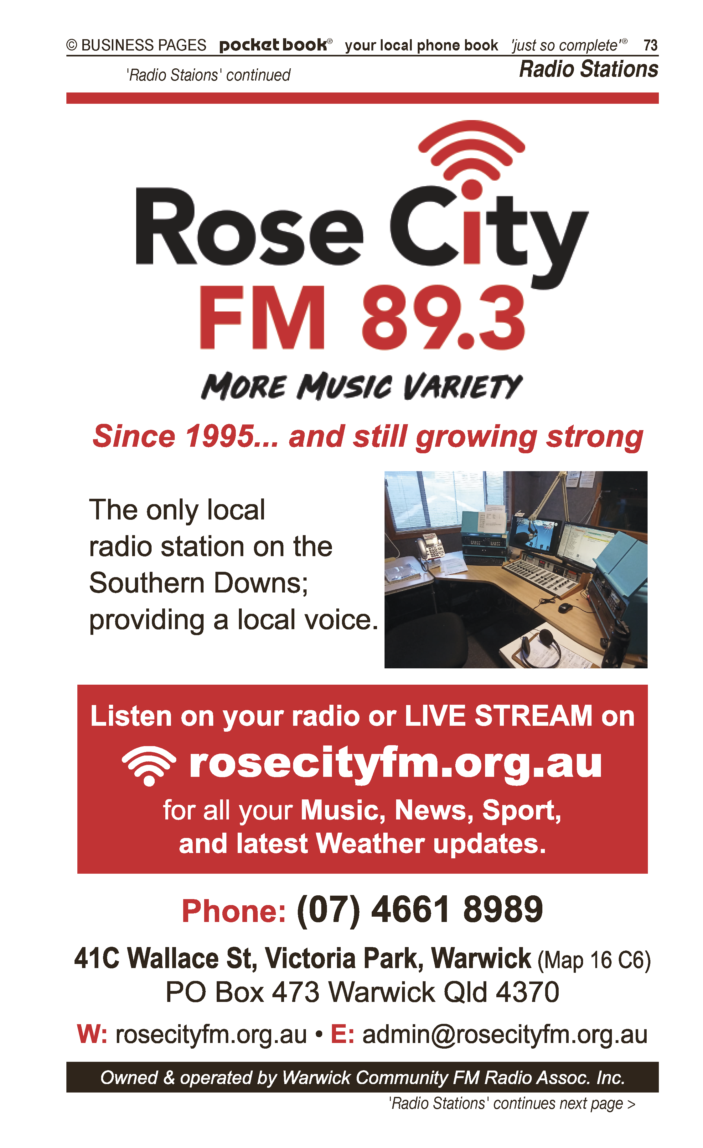 Rose City FM 89.3 | Radio Stations in Warwick | PBezy Pocket Books local directories - page 73