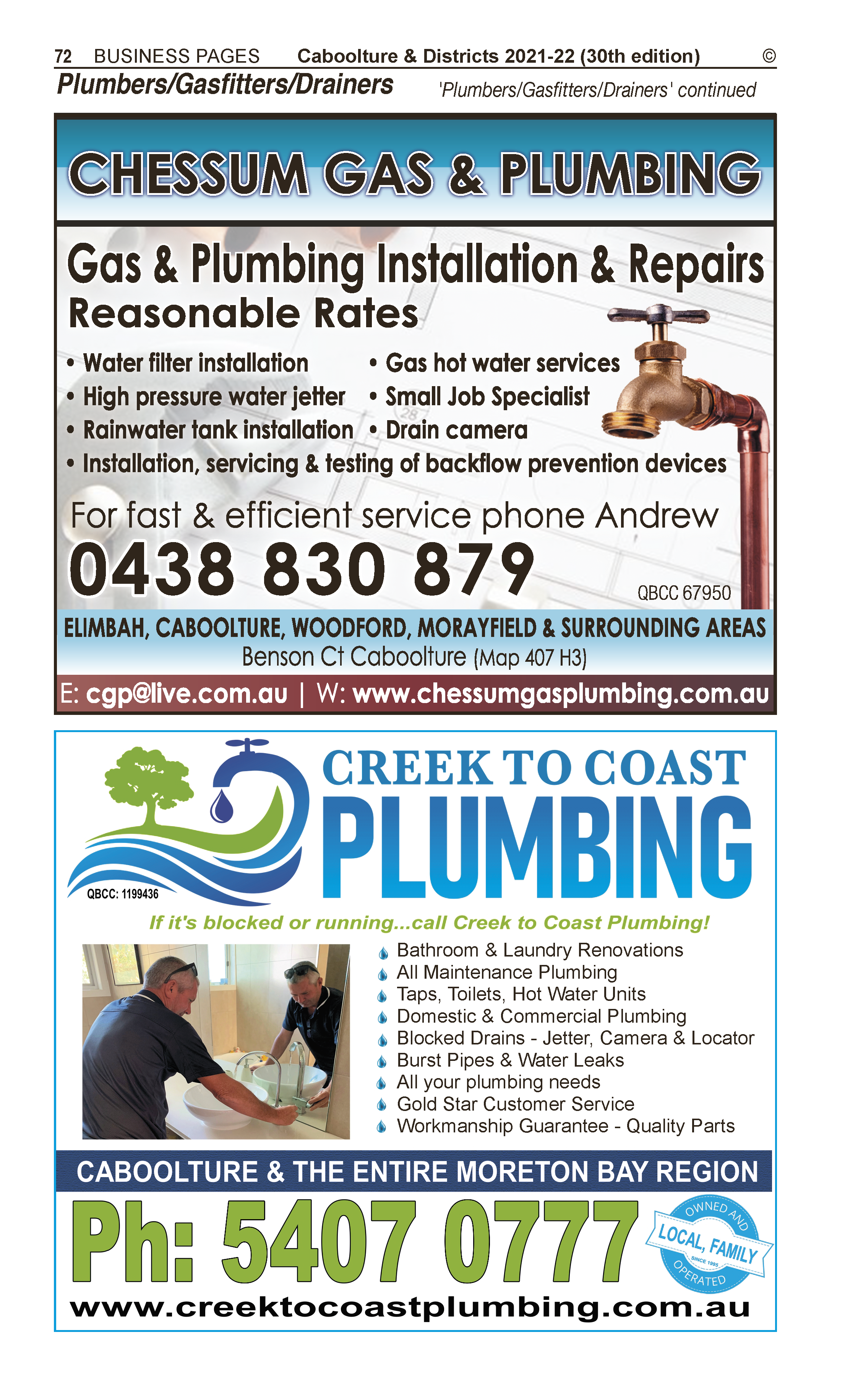 Creek To Coast Plumbing | Gasfitters in Upper Caboolture | PBezy Pocket Books local directories - page 72
