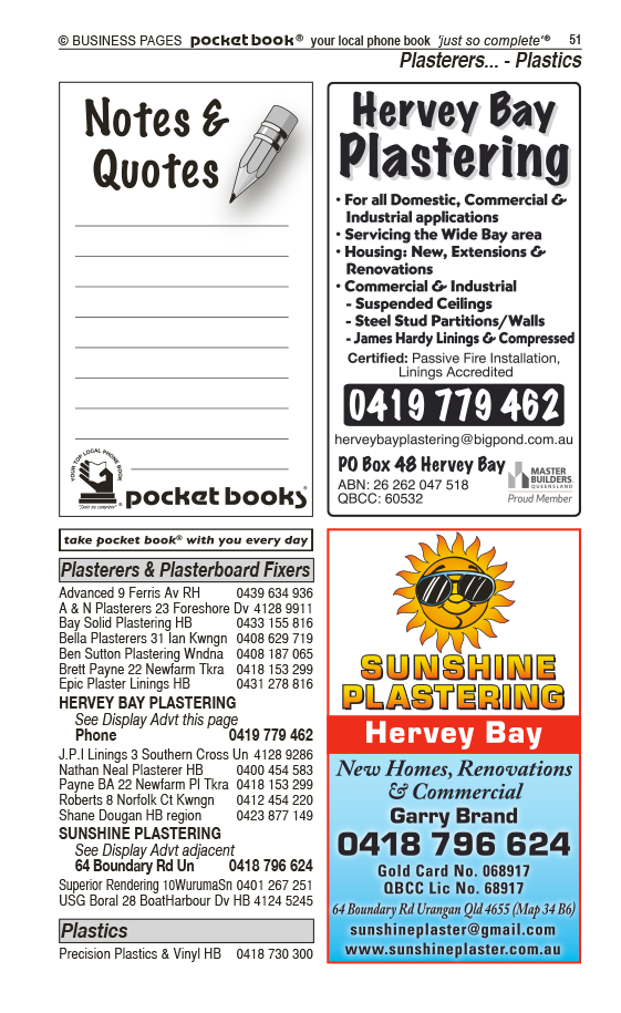Sunshine Plastering | Plasterers & Plasterboard Fixers in Urangan | PBezy Pocket Books local directories - page 51